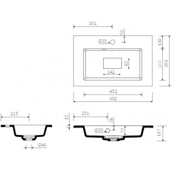 Umyvadlo nábytkové/zápustné na desku Marmorin Lira 60, 602x390x117 mm bílá 