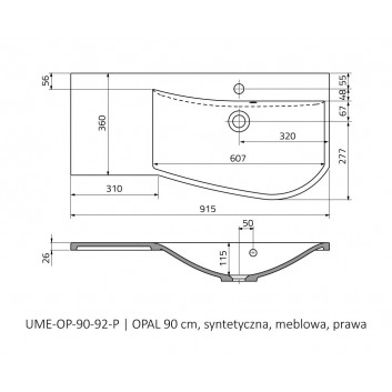 Umyvadlo nábytkové Oristo Opal, levá, 90x45cm, z přepadem, konglomeratowa, bílá