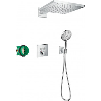 Sprchový systém Hansgrohe Raindance E 300 1jet ShowerSelect Square, podomítkový, baterie termostatická, horní sprcha 30x30cm, sluchátko 3-funkční, chrom
