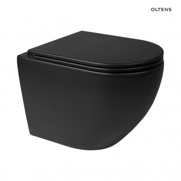 Souprava Oltens Hamnes mísa WC závěsná PureRim s povrchem SmartClean se sedadlem s pozvolným sklápěním Ovan Slim - černá matnáný
