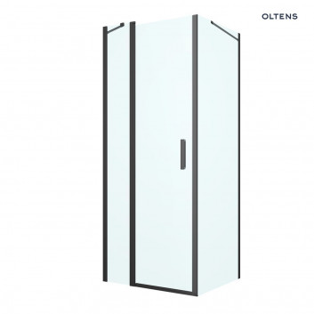 Oltens Hallan sprchový kout 100x100 cm čtvercová černá matnáný/sklo čiré dveře se stěnou